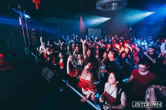 A crowd of energetic partygoers dancing to pulsating beats, illustrating how the seamless combination of kick and bass creates a powerful low-end, as discussed in Understanding the Core Components of an EDM Song'.