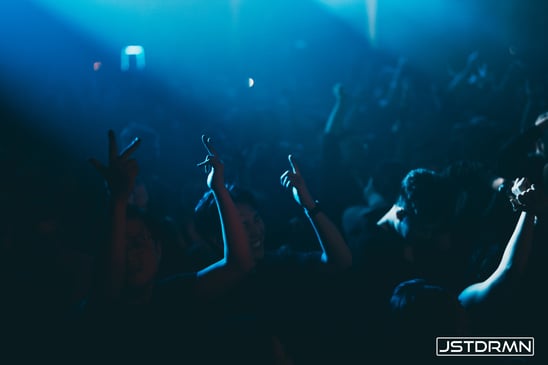 Silhouettes of club visitors with raised hands in a dimly lit setting, reflecting how sound effects enhance the atmosphere and transitions discussed in Understanding the Core Components of an EDM Song.